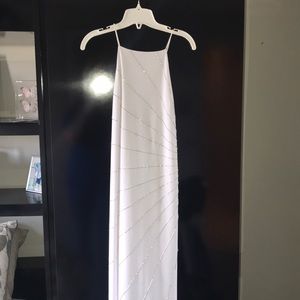 White prom dress with silver bead accents